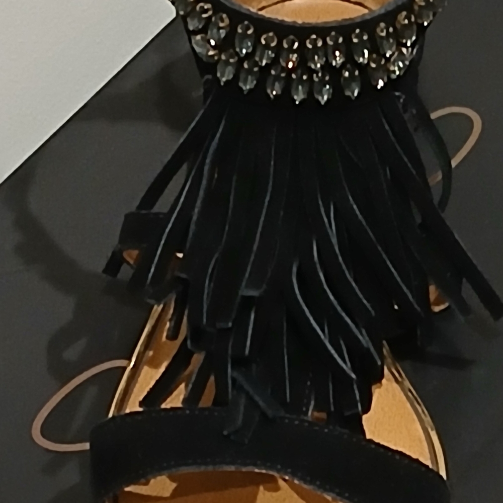 Report Signature Black Sandals with Dramatic Fringe